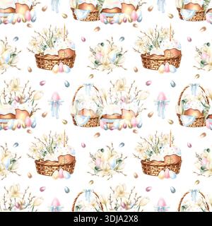 Zartes, nahtloses Ostermuster mit Puderkuchen, Frühlingsblumen, bunten Eiern, Weidenzweigen. Festliche Wiederholungsdekoration des hellen Feiertags mit Tulpe Stockfoto