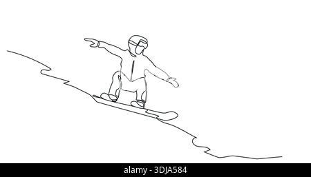 One Line Snowboarder-Illustration. Minimales durchgängiges Zeichnen von Linien beim Snowboarden. Stock Vektor