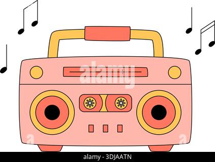 Retro Groovy Pink Boombox Cartoon Mit Kassette Stock Vektor