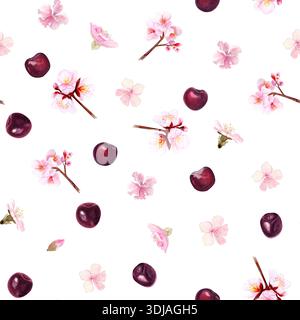 Nahtloses Muster mit kleinen Kirschzweigen, Blütenblüten, einzelnen Blütenblättern und Reifen Kirschen, handgemalte Aquarellillustration isoliert auf weiß Stockfoto
