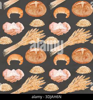 Halbmondbrötchen, rundes Brot, Weizenkörner, Mehlsack. Nahtloses Aquarellmuster auf grauem Hintergrund, perfekt für Backwaren, Küchentextilien Stockfoto