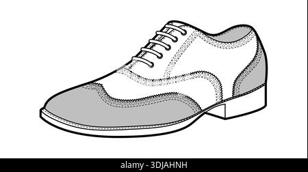 Zuschauer Herrenkleid mit einer Linie aus Schuhen. Zweifarbiger oxford Derby Schnürschuh mit klassischem formellem Anzug. Technische Mode Illustration CAD Modell Skizze Vektor Frauen Unisex isoliert. Stock Vektor