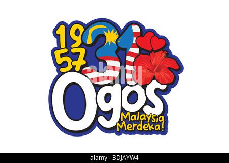 Typografie zum Malaysia Unabhängigkeitstag mit Hibiskusblüten und Elementen der Nationalflagge, die Merdeka, Erbe und patriotischen Geist zelebrieren. Stock Vektor