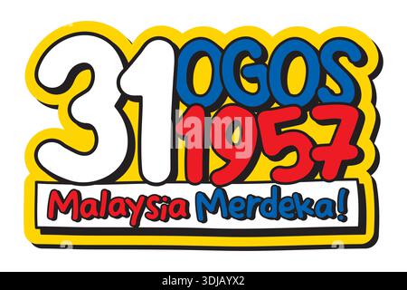 Farbenfrohes Typografie-Design zum Malaysia Unabhängigkeitstag mit 31 Ogos 1957-Text, der Nationalstolz, Freiheit und Merdeka-Geist feiert. Stock Vektor