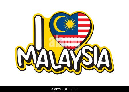 Bold I love Malaysia Typografie mit herzförmiger malaysischer Flagge, perfekt für Unabhängigkeitstag, patriotische Designs und nationale Feiern. Stock Vektor