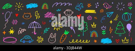 Niedliches Baby-Symbol-Set. Hand gezeichneter Kid-Kritzelmarkierungsstrich mit niedlicher Farbe Regenbogen, Sonne, Wolke kindlicher Hintergrund. Zeichentrickskizze Kinderblume, Auto, Haus-Ikonen-Elemente. Vektorabbildung Stock Vektor