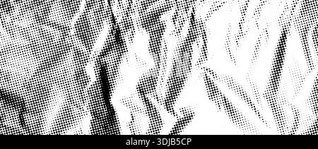 Veraltete Halbtonfolienüberlagerung mit faltiger Folie. Gepunktete, zerknitterte Metallic-Textur. Grobkörnige Cartoon-Papiertapete. Alter rauer, gefalteter Bitmap-Hintergrund. Pixel-creasy-Oberfläche im Comic-Pop-Art-Stil. Vektor Stock Vektor