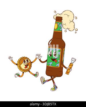 Cartoon groovige Hippie Bier Trinkflasche Charakter mit Schaum, lächelndem Gesicht und Öffner in der Hand geben High Five mit einer fröhlichen Mütze Persönlichkeit. Vector Retro y2k funky und süßes Getränk mit Freund auf Party Stock Vektor