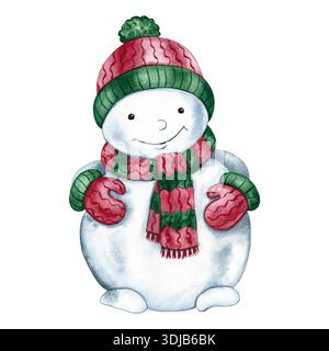 Weihnachtsschneemann. Handgezeichnete Aquarellillustration. Farbbild isolieren. Niedlicher Schneemann mit warmem Hut, Schal und Fäustlingen. Perfekt für Postkarten Stockfoto