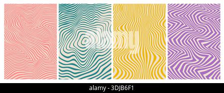Retro-psychedelische rote, lila, grüne und gelbe Linien mit groovigem Muster oder Print. Psychedelisches funky Muster, verzerrter spiralförmiger Hippie-Vektor-Hintergrund. Trippiger Y2K-Druck oder gewellter, grooviger Hintergrund Stock Vektor