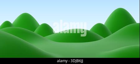 3D grünes Gras Rasenwiesen und Hügellandschaft mit mehrschichtigem Boden und sanftem Grasgelände unter hellblauem Himmel. Outdoor Vektor Natur Hintergrund, Landschaft Landschaft mit natürlichem Land und Horizont Stock Vektor