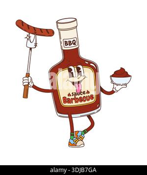 Cartoon groovige Barbecue-Soße mit Grillwurst und Soße Schüssel. Vektor-Retro-Hippie y2k-Sauce Würzfigur mit lächelndem Gesicht. Funky Food Maskottchen inspiriert von der Nostalgie der 60er und 70er Jahre Stock Vektor