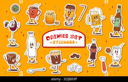 Groovige Aufkleber mit Wein, Bierkrug, Milchflasche und Glas, Limonade, Zuckerwürfeln, Kaffeetasse und Honigglas. Cartoon-Limonade, Stroh- und Flaschenöffner, Retro-Persönlichkeiten mit Vektor-Getränken Stock Vektor