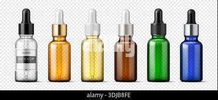 Realistische Glaspipettenflasche Modell, Vektorkosmetik, ätherisches Öl und Medizin Paket. Flaschen und Kolben aus braunem, gelbgrünem, blauem und klarem Glas mit Tropfpipettendeckel Stock Vektor