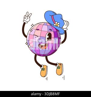 Discoball-grooviger, funkiger Hippie-Charakter. Springender Discoball in gelben Sneakern und blauem Hut mit Gänseblümchen. Retro-Vektor-Maskottchen für Tanzpartys, Musikveranstaltungen oder groovige Urlaubsdesigns Stock Vektor