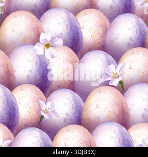 Nahtloses Frühlingsmuster mit farbigen Eiern und kleinen weißen Blumen. Aquarellillustration von Eiern mit Farbtropfen und blühenden Pflanzen. Realistisch Stockfoto