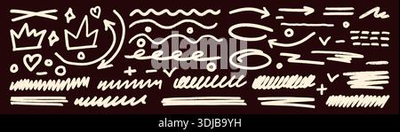 Pack mit weißen Buntstiften auf dunklem Hintergrund. Pfeile, Herzen, Kronen und Linien. Stock Vektor