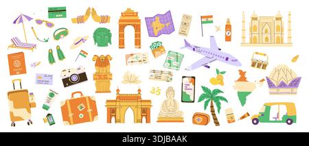 Vektorelemente für Reisen nach Indien Set. Sommerurlaub in Indien, Planungs- und Flugtickets, indische Wahrzeichen und Gepäck, Kamera. Reiseaufkleber Set i Stock Vektor