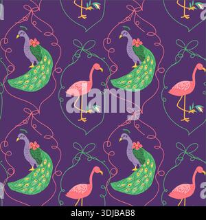 Tropische Vögel mustern Pfau und Flamingo und tropische Blumen mit Bögen. Abstraktes Blumen- und Tiermuster mit Pfau. Indien verneigt sich die Tierstruktur Stock Vektor