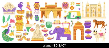 Große Auswahl an indischen Kultur- und Reiselementen. Wahrzeichen und Tiere, traditionelle Festivalsymbole und Symbole Indiens. Zeichentrickgrafik flach Vektor Illustratio Stock Vektor