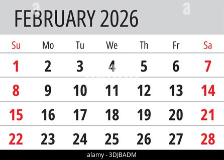 Februar 2026. Englische monatliche Vektorseite mit Sonntagsbeginn Stock Vektor