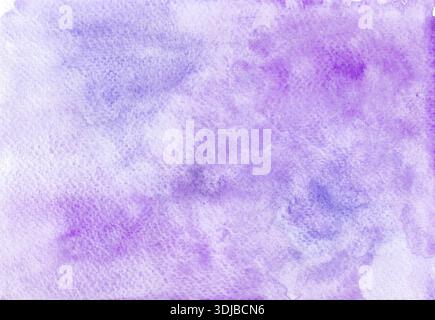 Abstrakter Hintergrund mit Aquarell. Verschiedene Violett-, Blau- und Weißtöne. Textur von Aquarellpapier ist sichtbar. Chaotische Flecken. Im oberen Bohrfahrzeug Stockfoto