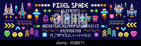 Farbbilder von Pixel-Art-UFO, Eindringlingen, Raumschiffen und anderen Spielelementen auf dunkelblauem Hintergrund. Stock Vektor