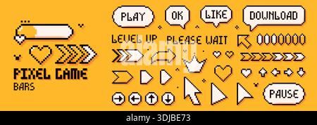Pixelpaket mit Ladebalken und Spielelementen. Pfeile, Sprechblasen, Prozentsätze, Herz. Stock Vektor