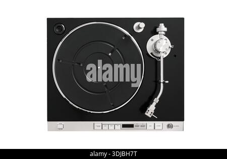 Blick von oben auf einen stilvollen Vintage-Plattenspieler isoliert auf weißem Hintergrund. Stockfoto