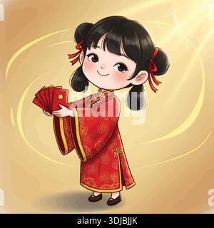 Entzückende Chinesische Kinder, Die Hände Halten Traditionelle Kleidung Illustration Stock Vektor