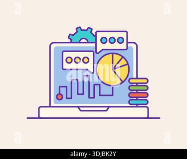 Farbige Umrisse für Geschäftssymbole, die sich auf virtuelle Geschäftsbereiche, Geschäftsanalysen, Marketing- und Finanzstatistiken beziehen Stock Vektor