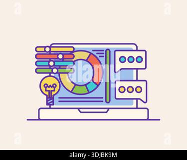 Farbige Umrisse für Geschäftssymbole, die sich auf virtuelle Geschäftsbereiche, Geschäftsanalysen, Marketing- und Finanzstatistiken beziehen Stock Vektor