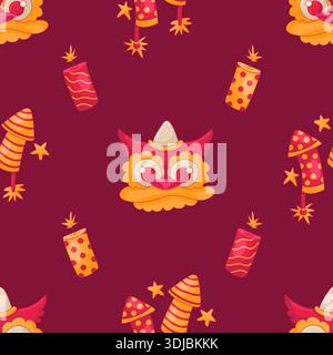 Traditionelles chinesisches Muster in Rot und Gelb. Flache Drachenköpfe und Feuerwerkskörper. Chinesisches Neujahrsfest Stock Vektor