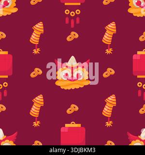 Traditionelles chinesisches Muster in Rot und Gelb. Flache Münze, Laternen, Drachenköpfe Und Feuerwerkskörper. Chinesisches Neujahrsfest Stock Vektor