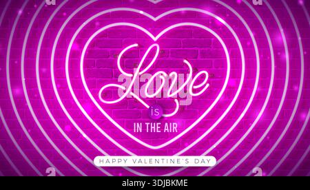 Happy Valentine's Day Banner Design mit leuchtendem Neonlicht Liebe Typografie Brief auf Ziegelwand Hintergrund. Vektorhochzeit und romantische Liebe Stock Vektor