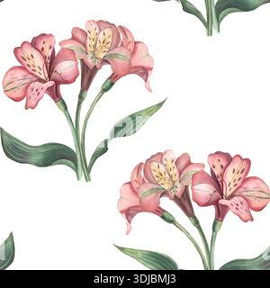 Nahtloses Muster, Blumenstrauß mit Alstroemeria-Blüten. Handgemalte botanische Aquarellillustration isoliert auf weiß für Textilien, Verpackungen Stockfoto