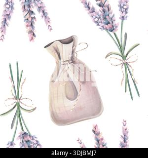 Nahtloses Muster mit Leinentasche, Lavendelstrauß. Handgemalte Aquarellillustration von Heilkräutern isoliert auf weiß für die Naturkosmetik Stockfoto