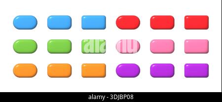 Bunte 3D-Buttons Kollektion. UI UX-Designelemente festgelegt. Realistisch glänzende quadratische und abgerundete Abzeichen. Stock Vektor