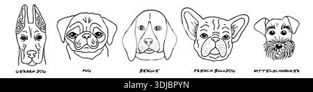 Doodle Köpfe verschiedener Rassen Hundeset Stock Vektor