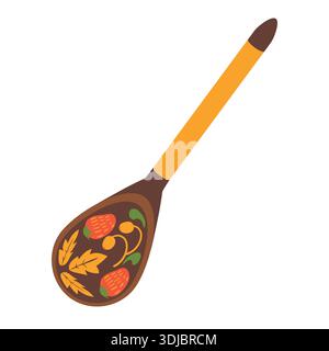 Ein Holzlöffel mit einem Gemälde im Chokhloma-Stil. Vektor-Illustration eines Souvenirs aus Russland. Ein traditionelles russisches Volkshandwerk. Clipart auf weißem Hintergrund. Stock Vektor