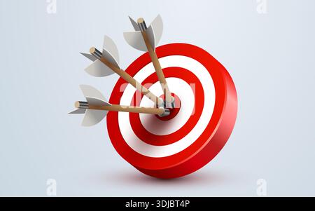 Drei Pfeile treffen auf die Mitte eines roten Ziels und symbolisieren perfekte Genauigkeit und Leistung. Vektorabbildung. Stock Vektor
