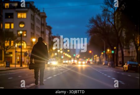 Person von hinten, die allein auf der Stadtstraße läuft. Repräsentiert die Heimreise, das Nachtleben der Stadt und den ruhigen Moment in der modernen Metropole Stockfoto