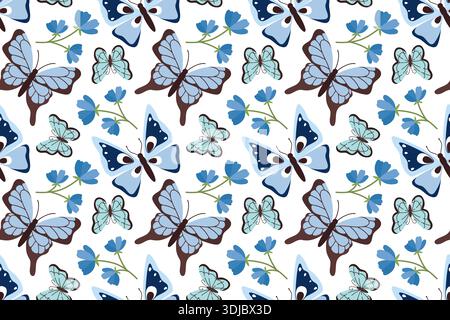 Nahtloses Muster mit blauen Schmetterlingen und blauen Blumen. Sommerfalter. Illustration des Frühlingsinsekts. Wunderschöne handgezeichnete tropische Sommermotten. Fla Stock Vektor