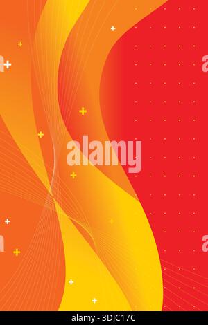 Dynamischer abstrakter Hintergrund in leuchtenden Rot-, Orange- und Gelbverläufen mit fließenden geschwungenen Formen, dezenten Linien und verstreuten weißen Pluszeichen Stock Vektor