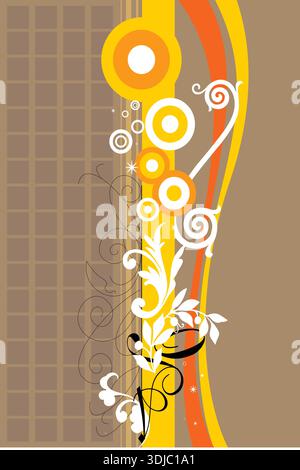 Moderner abstrakter Hintergrund mit vertikalem braunem Rastermuster neben vertikalen, fließenden gelben, orangen und roten Streifen mit dekorativer Blumenele Stock Vektor