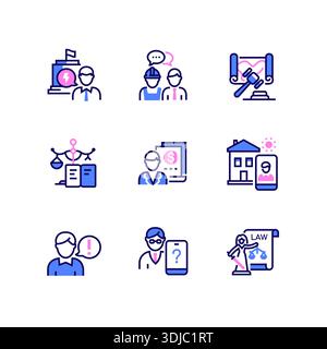 Rechtsberatung – Satz von Symbolen im Liniendesign Stock Vektor