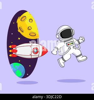 Astronaut springt in ein kosmisches Portal mit Rakete und Planeten Vektor Illustration Cartoon Design Stock Vektor