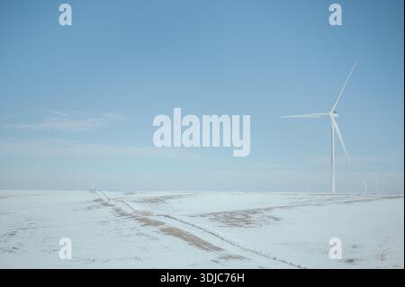 Einzelne Windkraftanlage im verschneiten Iowa-Feld mit Kopierraum Stockfoto