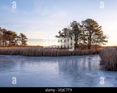 Frozen Pond bei Sonnenaufgang in Maine Stockfoto