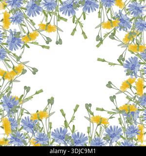 Aquarellwildblumenrahmen Postkarte mit blauen und gelben Blumen auf weißem Hintergrund, handgemalte florale Illustration für Frauenfeier, Muttertag, Grußkarte, Schreibwaren und Einladungen Stockfoto